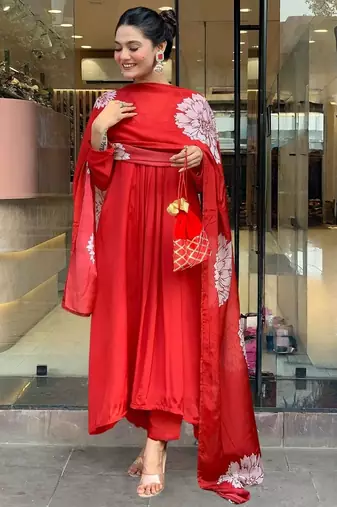 Elegant red chinon straight kurta set with floral printed dupatta & pant