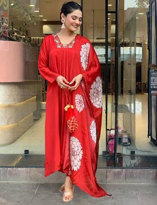  red chinon straight kurta set with floral printed dupatta & pant 4