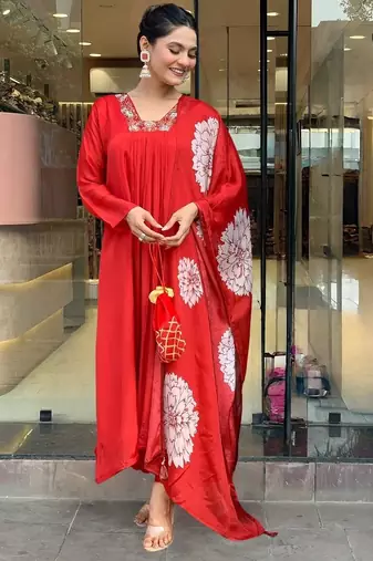 Elegant red chinon straight kurta set with floral printed dupatta & pant