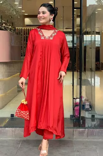 Elegant red chinon straight kurta set with floral printed dupatta & pant