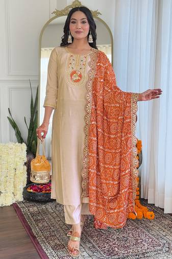 Chiku viscose emboidered straight kurta set with orange printed dupatta & pant
