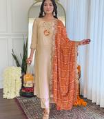 Chiku viscose emboidered straight kurta set with orange printed dupatta & pant