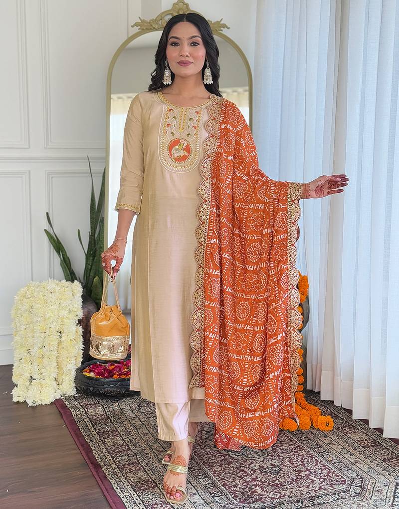 Chiku viscose emboidered straight kurta set with orange printed dupatta & pant