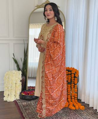 Chiku viscose emboidered straight kurta set with orange printed dupatta & pant 2
