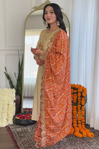 Chiku viscose emboidered straight kurta set with orange printed dupatta & pant