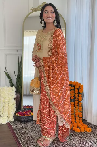 Chiku viscose emboidered straight kurta set with orange printed dupatta & pant
