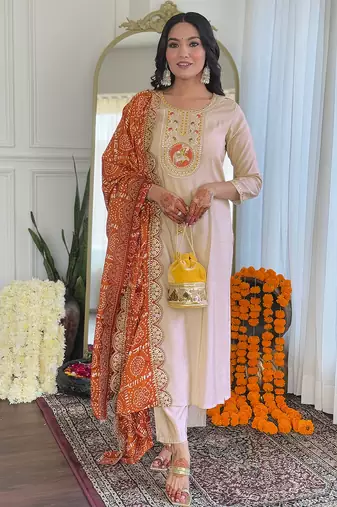 Chiku viscose emboidered straight kurta set with orange printed dupatta & pant