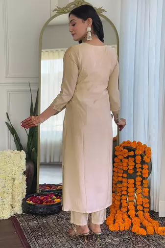 Chiku viscose emboidered straight kurta set with orange printed dupatta & pant