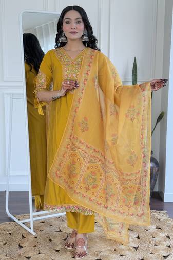 Mustard embroidered viscose straight kurta set with printed dupatta & pant for women