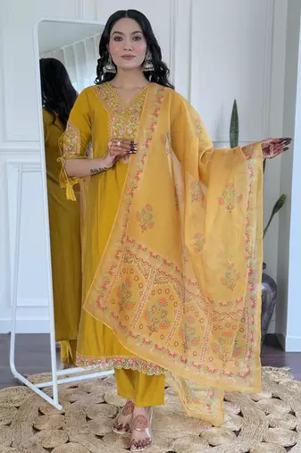Mustard embroidered viscose straight kurta set with printed dupatta & pant for women