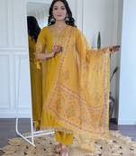Mustard embroidered viscose straight kurta set with printed dupatta & pant for women