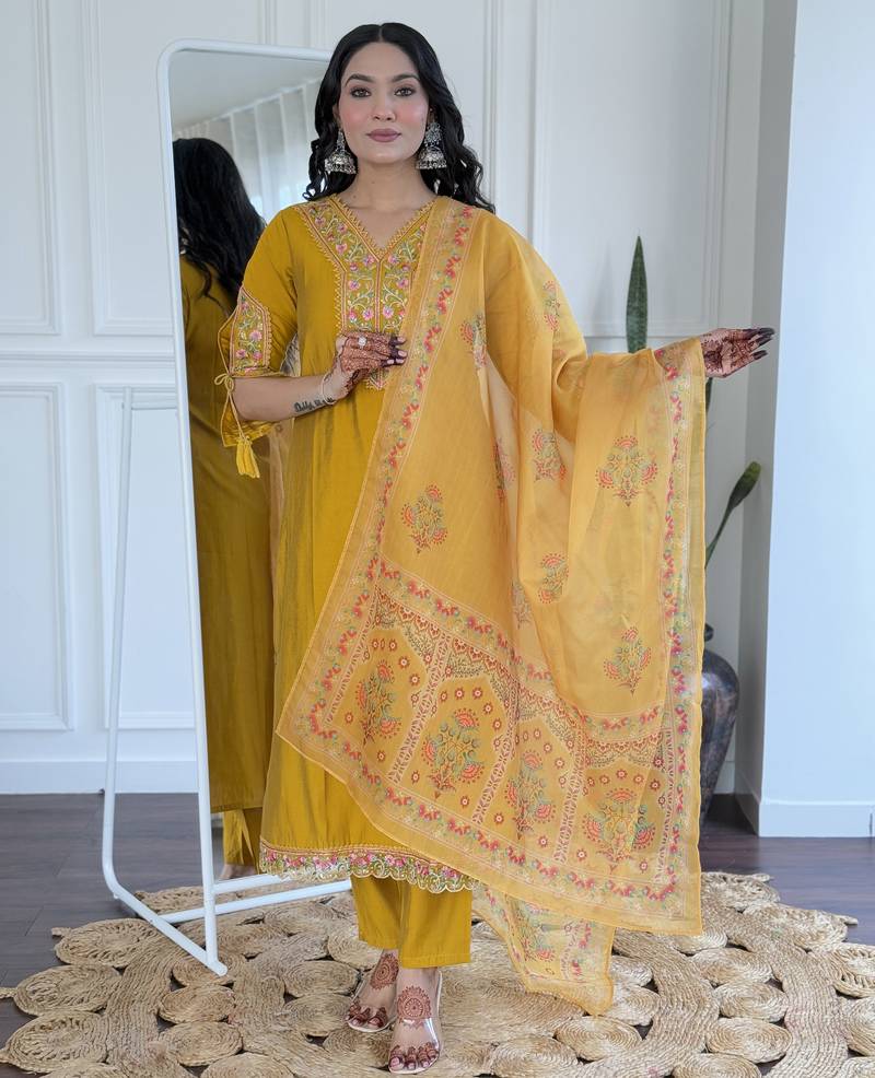 Mustard embroidered viscose straight kurta set with printed dupatta & pant for women