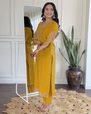 Mustard embroidered viscose straight kurta set with printed dupatta & pant for women 2