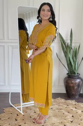 Mustard embroidered viscose straight kurta set with printed dupatta & pant for women
