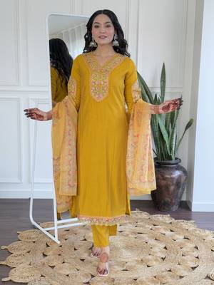Mustard embroidered viscose straight kurta set with printed dupatta & pant for women 3