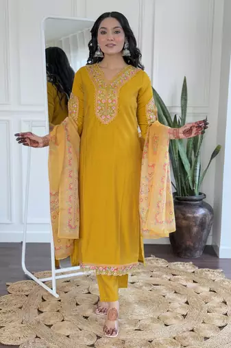 Mustard embroidered viscose straight kurta set with printed dupatta & pant for women