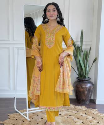 Mustard embroidered viscose straight kurta set with printed dupatta & pant for women 4