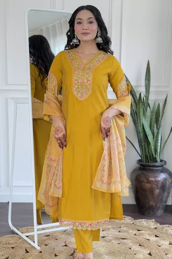 Mustard embroidered viscose straight kurta set with printed dupatta & pant for women