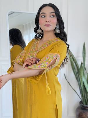 Mustard embroidered viscose straight kurta set with printed dupatta & pant for women 5