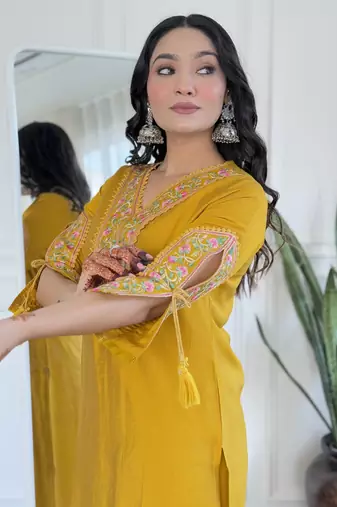 Mustard embroidered viscose straight kurta set with printed dupatta & pant for women