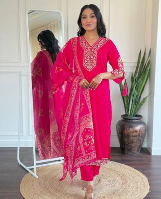 Pink embroidered viscose straight kurta set with printed dupatta & pant for women 1