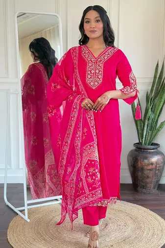 Pink embroidered viscose straight kurta set with printed dupatta & pant for women