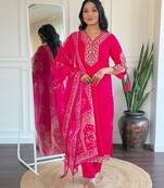 Pink embroidered viscose straight kurta set with printed dupatta & pant for women