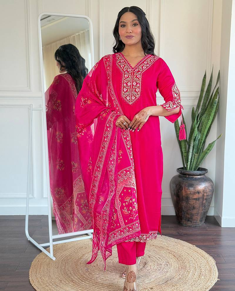 Pink embroidered viscose straight kurta set with printed dupatta & pant for women