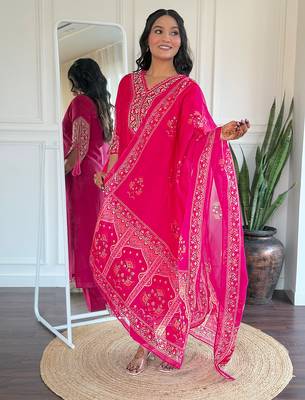 Pink embroidered viscose straight kurta set with printed dupatta & pant for women 2