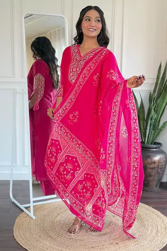 Pink embroidered viscose straight kurta set with printed dupatta & pant for women