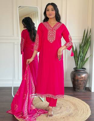 Pink embroidered viscose straight kurta set with printed dupatta & pant for women 3