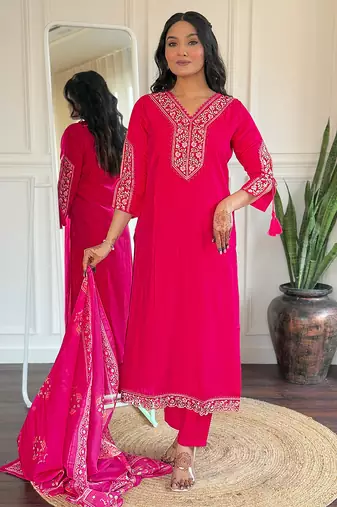 Pink embroidered viscose straight kurta set with printed dupatta & pant for women