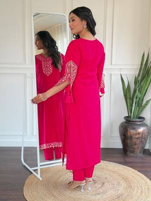 Pink embroidered viscose straight kurta set with printed dupatta & pant for women 4