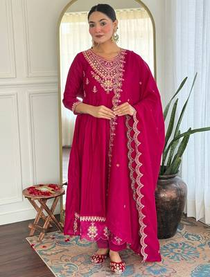 Rani pink embroidered flared vichitra silk kurta set with dupatta & pant for women 1