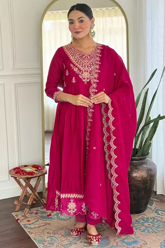 Rani pink embroidered flared vichitra silk kurta set with dupatta & pant for women