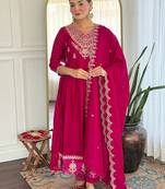 Rani pink embroidered flared vichitra silk kurta set with dupatta & pant for women