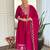 Rani pink embroidered flared vichitra silk kurta set with dupatta & pant for women