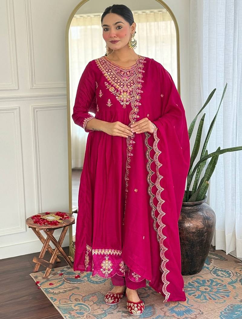 Rani pink embroidered flared vichitra silk kurta set with dupatta & pant for women