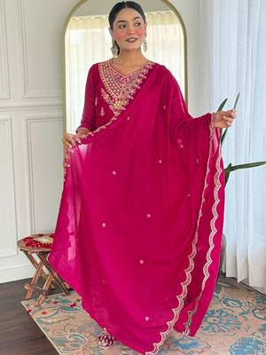 Rani pink embroidered flared vichitra silk kurta set with dupatta & pant for women 2