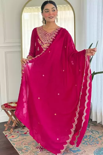 Rani pink embroidered flared vichitra silk kurta set with dupatta & pant for women