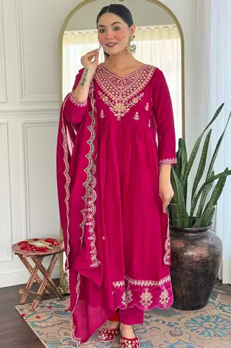 Rani pink embroidered flared vichitra silk kurta set with dupatta & pant for women