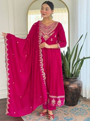 Rani pink embroidered flared vichitra silk kurta set with dupatta & pant for women 4