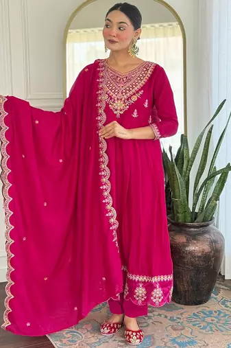 Rani pink embroidered flared vichitra silk kurta set with dupatta & pant for women