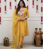 Yellow embroidered straight chanderi kurta set with dupatta & pant for women
