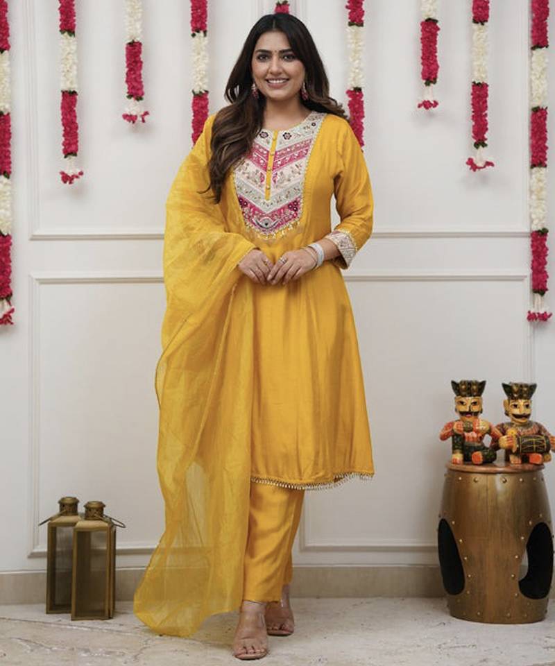 Yellow embroidered straight chanderi kurta set with dupatta & pant for women