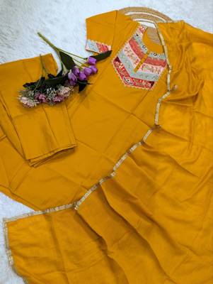 Yellow embroidered straight chanderi kurta set with dupatta & pant for women 2