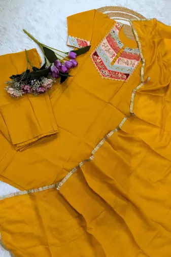Yellow embroidered straight chanderi kurta set with dupatta & pant for women