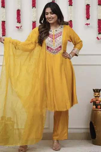 Yellow embroidered straight chanderi kurta set with dupatta & pant for women