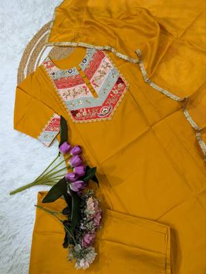 Yellow embroidered straight chanderi kurta set with dupatta & pant for women 3