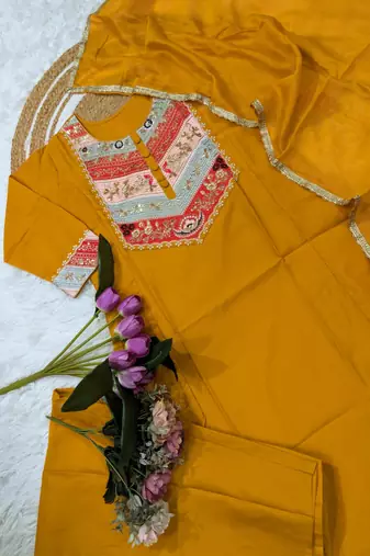 Yellow embroidered straight chanderi kurta set with dupatta & pant for women
